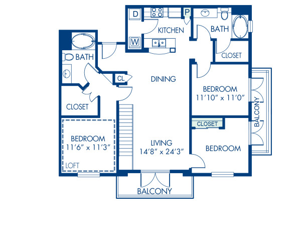 Blueprint of C2L den, loft Floor Plan, 2 Bedrooms and 2 Bathrooms at Camden Harbor View Apartments in Long Beach, CA