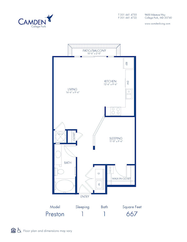 Blueprint of Preston Floor Plan, 1 Bedroom and 1 Bathroom at Camden College Park Apartments in College Park, MD