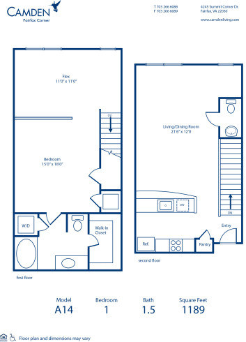 Blueprint of A14 Floor Plan, 1 Bedroom and 1.5 Bathrooms at Camden Fairfax Corner Apartments in Fairfax, VA