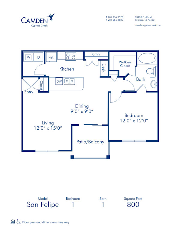 Blueprint of San Felipe Floor Plan, 1 Bedroom and 1 Bathroom at Camden Cypress Creek Apartments in Cypress, TX