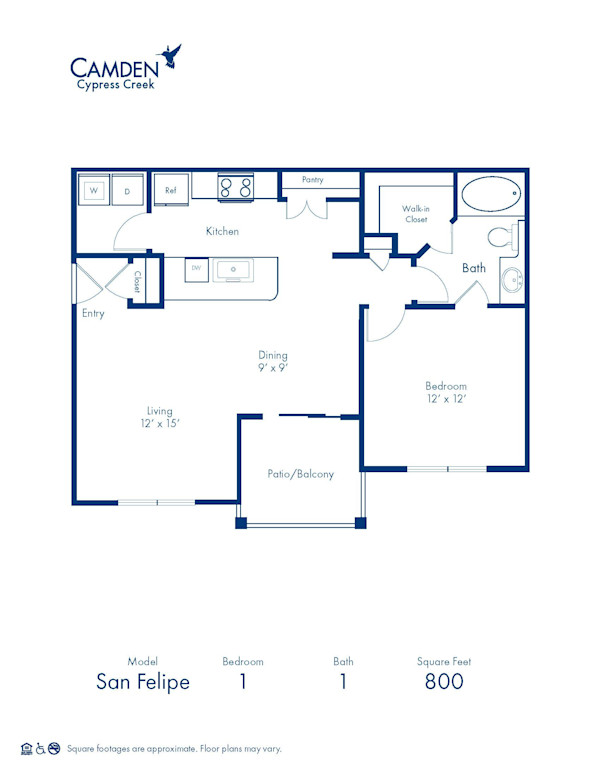 Blueprint of San Felipe Floor Plan, 1 Bedroom and 1 Bathroom at Camden Cypress Creek Apartments in Cypress, TX