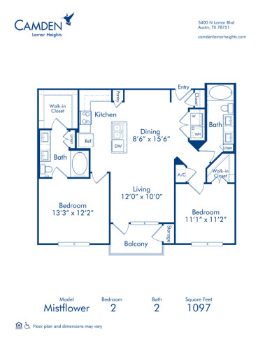 Blueprint of Mistflower Floor Plan, 2 Bedrooms and 2 Bathrooms at Camden Lamar Heights Apartments in Austin, TX