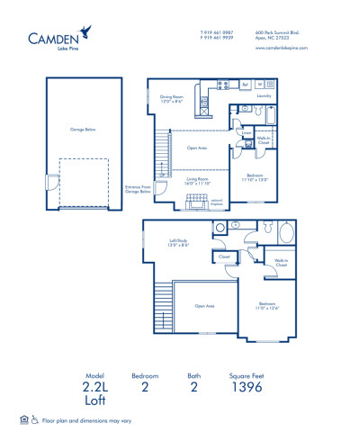 Blueprint of 2.2L Floor Plan, 2 Bedrooms and 2 Bathrooms at Camden Lake Pine Apartments in Apex, NC