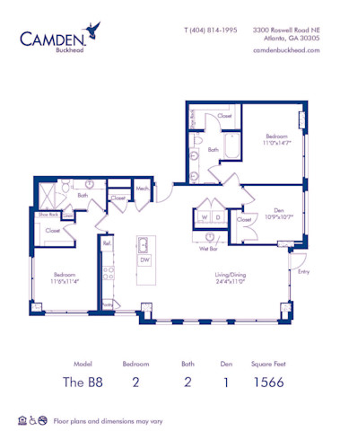 Camden Buckhead apartments in Atlanta, GA, 2 bed, 2 bath floor plan B8