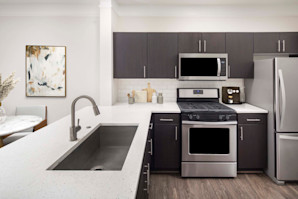 Kitchen with quartz countertop and stainless steel appliances at Camden Silo Creek apartments in Ashburn, VA
