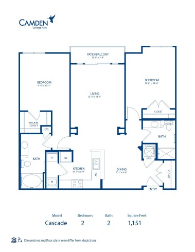 Blueprint of Cascade Floor Plan, 2 Bedrooms and 2 Bathrooms at Camden College Park Apartments in College Park, MD