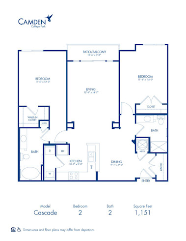 Blueprint of Cascade Floor Plan, 2 Bedrooms and 2 Bathrooms at Camden College Park Apartments in College Park, MD