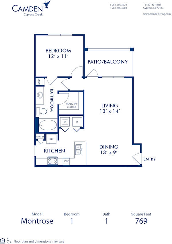 Blueprint of   Montrose Floor Plan, Apartment Home with 1 Bedroom and 1 Bathroom at Camden Cypress Creek in Cypress, TX