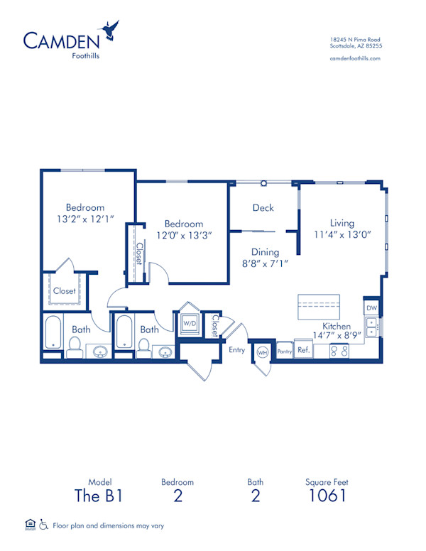 Blueprint of The B1 Floor Plan, 2 Bedrooms and 2 Bathrooms at Camden Foothills Apartments in Scottsdale, AZ
