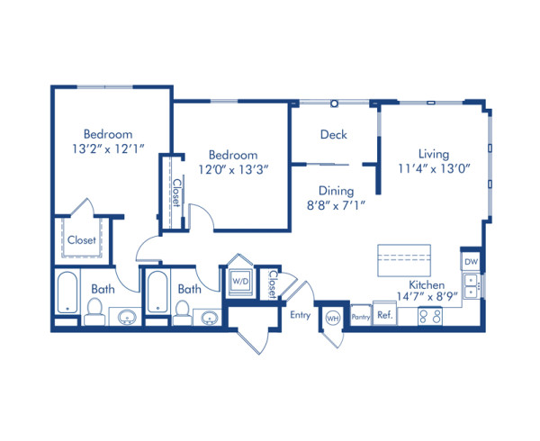 Blueprint of The B1 Floor Plan, 2 Bedrooms and 2 Bathrooms at Camden Foothills Apartments in Scottsdale, AZ