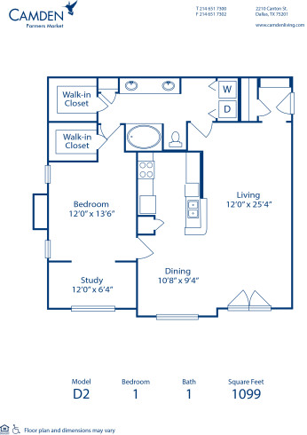 Blueprint of D2 Floor Plan, 1 Bedroom and 1 Bathroom at Camden Farmers Market Apartments in Dallas, TX