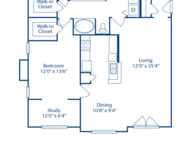 Blueprint of D2 Floor Plan, 1 Bedroom and 1 Bathroom at Camden Farmers Market Apartments in Dallas, TX