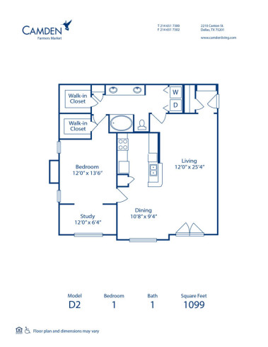 Blueprint of D2 Floor Plan, 1 Bedroom and 1 Bathroom at Camden Farmers Market Apartments in Dallas, TX