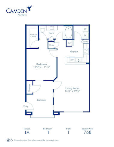 Blueprint of the 1A Floor Plan, Apartment Home with 1 Bedroom and 1 Bathroom at Camden Montierra in Scottsdale, AZ