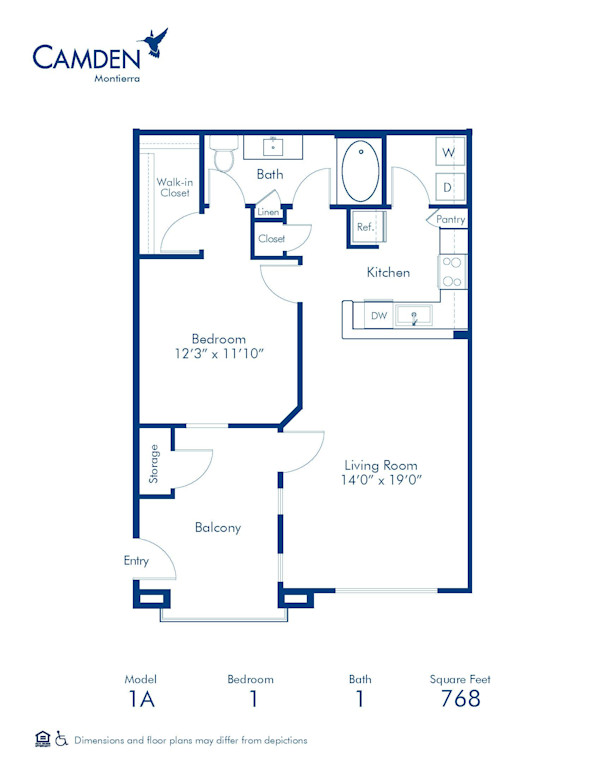 Blueprint of the 1A Floor Plan, Apartment Home with 1 Bedroom and 1 Bathroom at Camden Montierra in Scottsdale, AZ