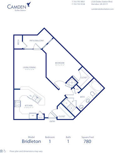 Blueprint of Bridleton Floor Plan, 1 Bedroom and 1 Bathroom at Camden Dulles Station Apartments in Herndon, VA