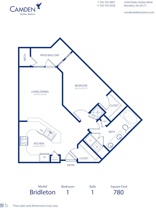 Blueprint of Bridleton Floor Plan, 1 Bedroom and 1 Bathroom at Camden Dulles Station Apartments in Herndon, VA