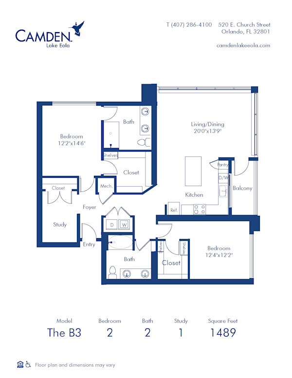 Camden Lake Eola apartments in Downtown Orlando, FL, two bedroom, two bathroom floor plan B3