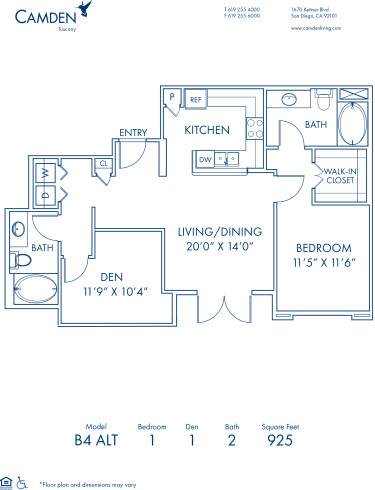 Blueprint of B4 Alt Floor Plan, Apartment Home with 2 Bedrooms and 2 Bathrooms at Camden Tuscany in San Diego, CA