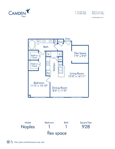 Blueprint of Naples Floor Plan, 1 Bedroom and 1 Bathroom at Camden Plaza Apartments in Houston, TX
