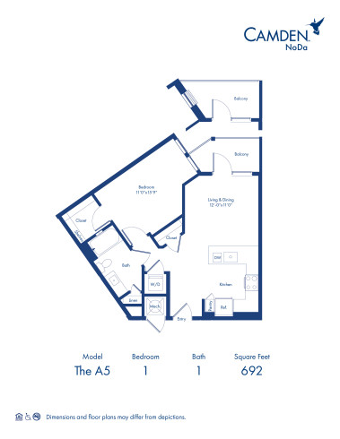The A5 floor plan, 1 bed, 1 bath at Camden NoDa Apartments in Charlotte, NC
