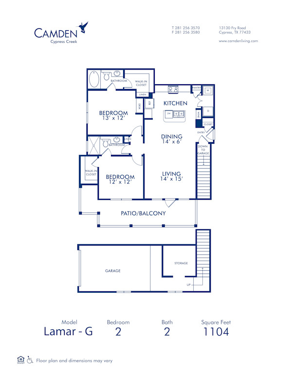 Blueprint of Lamar - G Floor Plan, 2 Bedrooms and 2 Bathrooms at Camden Cypress Creek Apartments in Cypress, TX