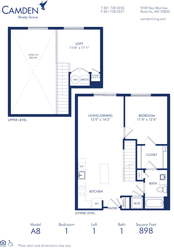 Blueprint of A8 Floor Plan, 1 Bedroom and 1 Bathroom at Camden Shady Grove Apartments in Rockville, MD