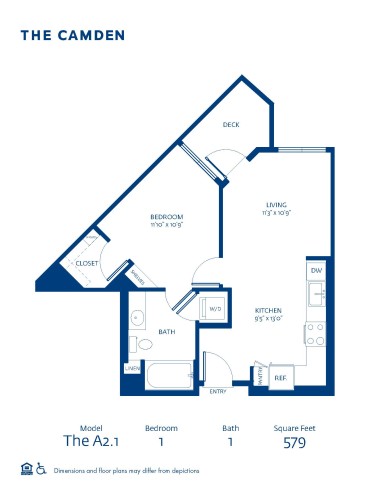 Blueprint of A2.1 Floor Plan, 1 Bedroom and 1 Bathroom at The Camden Apartments in Hollywood, CA