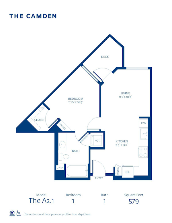 Blueprint of A2.1 Floor Plan, 1 Bedroom and 1 Bathroom at The Camden Apartments in Hollywood, CA