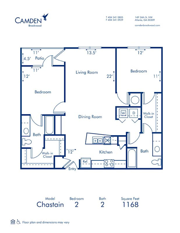 Blueprint of Chastain Floor Plan, 2 Bedrooms and 2 Bathrooms at Camden Brookwood Apartments in Atlanta, GA