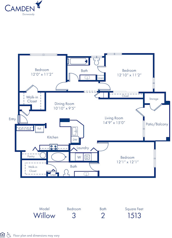 Blueprint of Willow Floor Plan, 3 Bedrooms and 2 Bathrooms at Camden Dunwoody Apartments in Dunwoody, GA