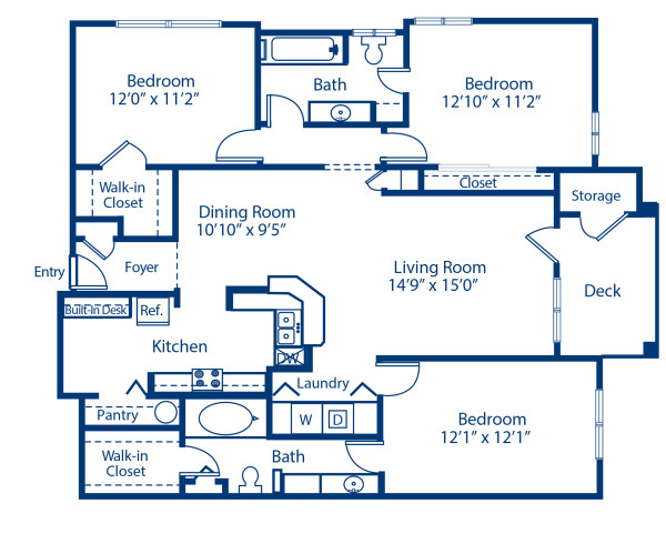 Blueprint of Willow Floor Plan, 3 Bedrooms and 2 Bathrooms at Camden Dunwoody Apartments in Dunwoody, GA