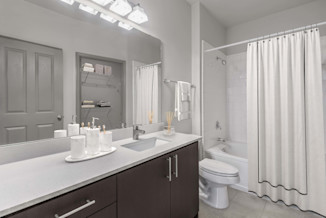 Bathroom with large vanity, linen closet, shower, and bathtub at Camden Asbury Village in Raleigh, NC. 