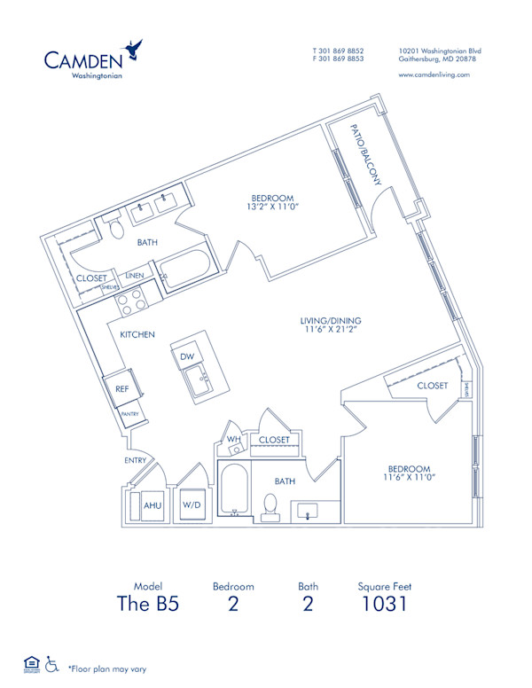 Blueprint of The B5, 2 bedroom 2 bathroom floor plan at Camden Washingtonian Apartments in Gaithersburg, MD