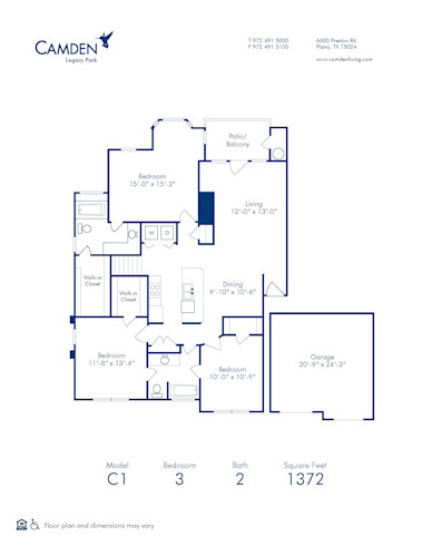 Blueprint of C1 Floor Plan, 3 Bedrooms and 2 Bathrooms at Camden Legacy Park Apartments in Plano, TX