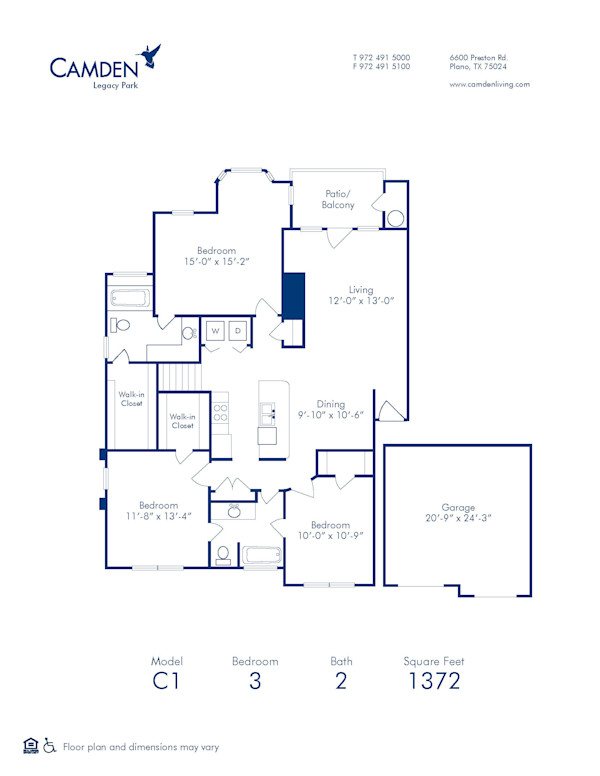Blueprint of C1 Floor Plan, 3 Bedrooms and 2 Bathrooms at Camden Legacy Park Apartments in Plano, TX