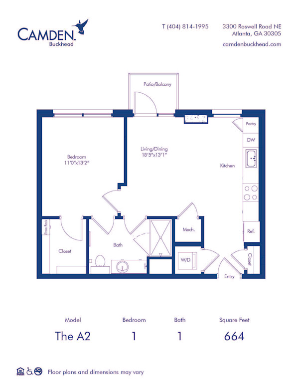Camden Buckhead apartments Atlanta, Georgia 1 bedroom, 1 bath, floor plan A2