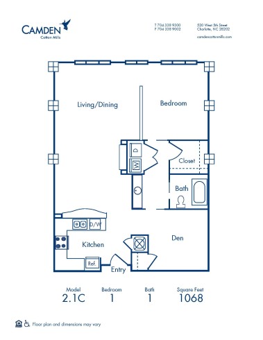 Blueprint of 2.1C Floor Plan, 1 Bedroom and 1 Bathroom with Den at Camden Cotton Mills Apartments in Charlotte, NC