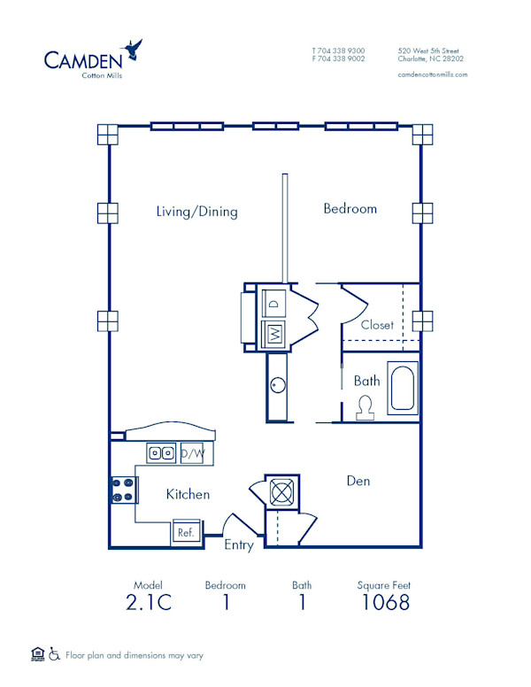 Blueprint of 2.1C Floor Plan, 1 Bedroom and 1 Bathroom with Den at Camden Cotton Mills Apartments in Charlotte, NC