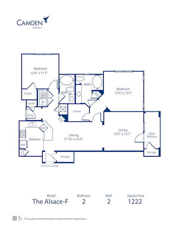  Blueprint of Alsace F Floor Plan, 2 Bedrooms and 2 Bathrooms at Camden Yorktown Apartments in Houston, TX
