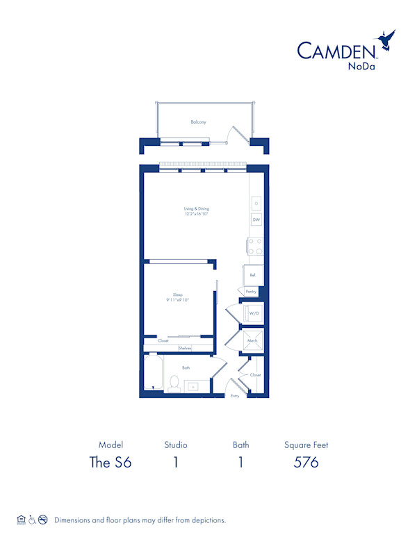 The S6 floor plan at Camden NoDa in Charlotte, NC - studio floor plan with 1 bath at 576 square feet