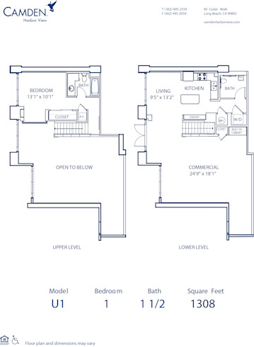 Blueprint of U1 Floor Plan, 1 Bedroom and 1.5 Bathrooms at Camden Harbor View Apartments in Long Beach, CA