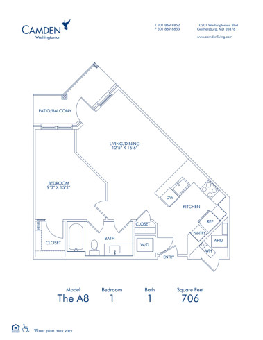 Blueprint of The A8, 1 bedroom 1 bathroom floor plan at Camden Washingtonian Apartments in Gaithersburg, MD
