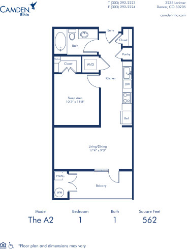 Blueprint of the A2 at Camden RiNo apartments in Denver, Colorado