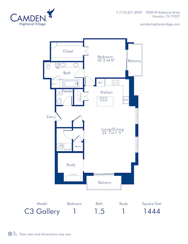 Camden Highland Village apartments in Houston, TX Gallery one bedroom floor plan C3