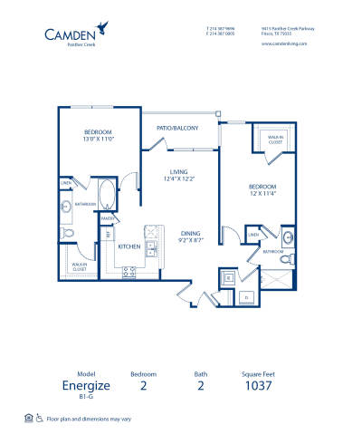 Blueprint of Energize Floor Plan, 2 Bedrooms and 2 Bathrooms at Camden Panther Creek Apartments in Frisco, TX