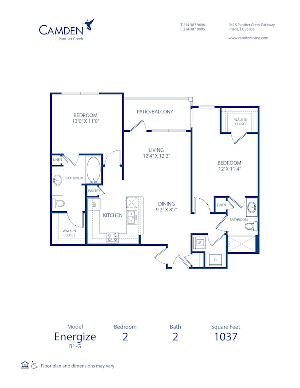 Blueprint of Energize Floor Plan, 2 Bedrooms and 2 Bathrooms at Camden Panther Creek Apartments in Frisco, TX