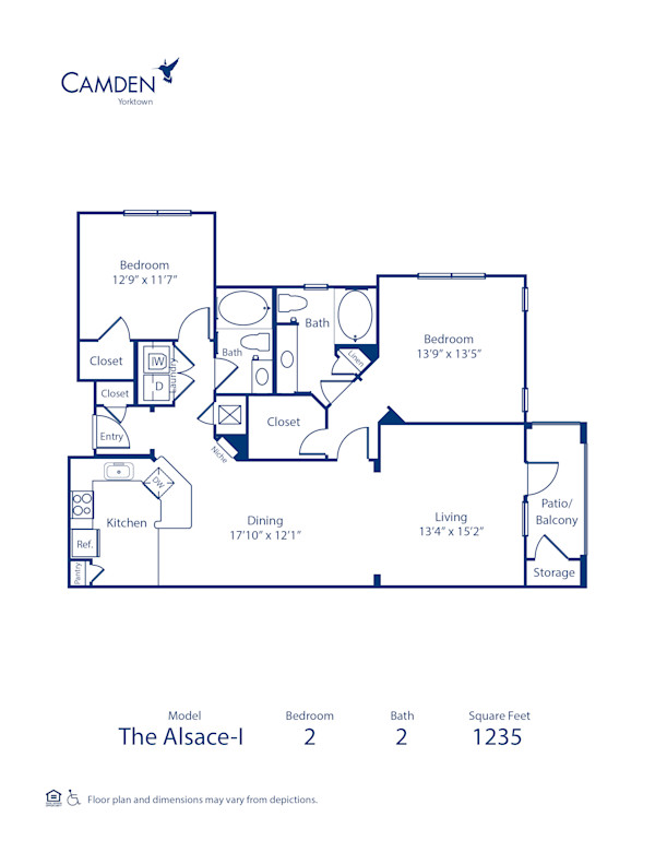 Blueprint of Alsace I Floor Plan, 2 Bedrooms and 2 Bathrooms at Camden Yorktown Apartments in Houston, TX