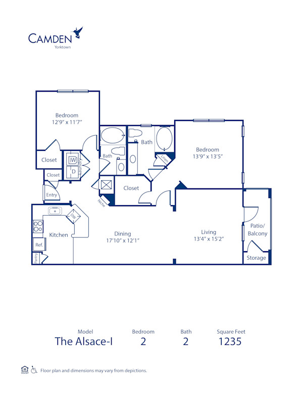 Blueprint of Alsace I Floor Plan, 2 Bedrooms and 2 Bathrooms at Camden Yorktown Apartments in Houston, TX