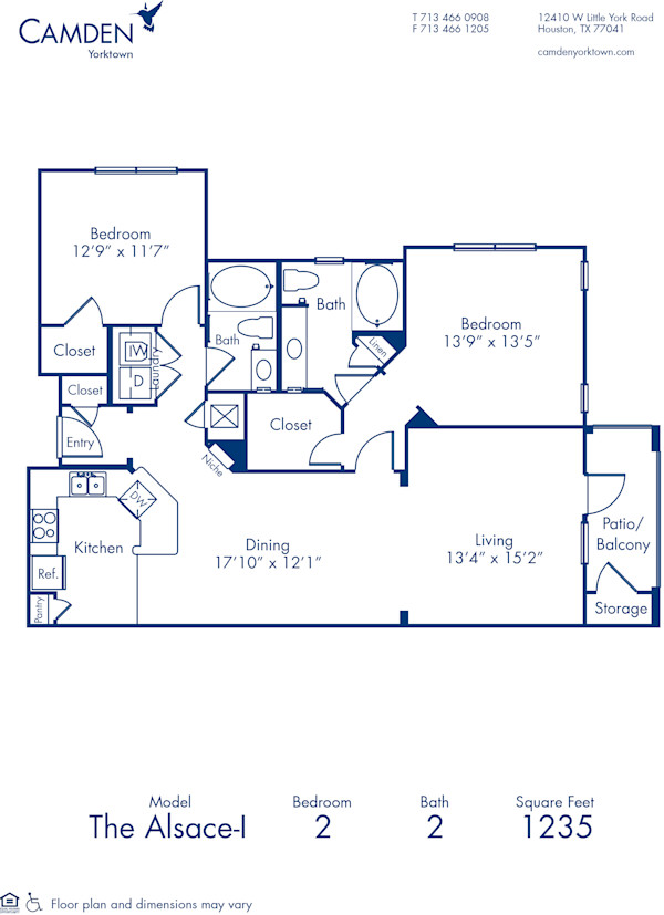 Blueprint of Alsace I Floor Plan, 2 Bedrooms and 2 Bathrooms at Camden Yorktown Apartments in Houston, TX